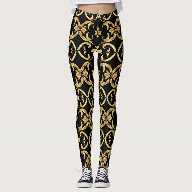 Classy Black Gold Pattern Leggings (Front)