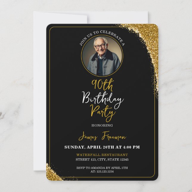 Classy Black & Gold Photo 90th Birthday Invitation (Front)