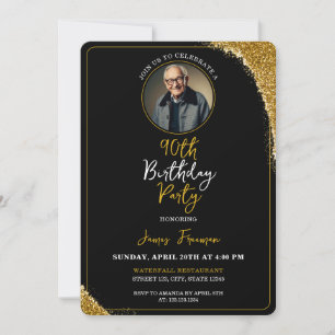 Classy Black & Gold Photo 90th Birthday Invitation