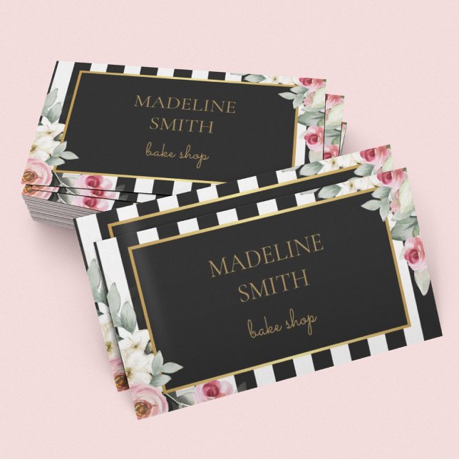Classy Black Gold & Pink Flowers and Stripes Business Card (Creator Uploaded)