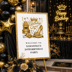 Classy Black Gold Sparkle Birthday Queen Welcome P Poster
