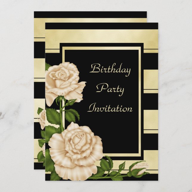 Classy Black & Gold Striped Floral Birthday Invitation (Front/Back)