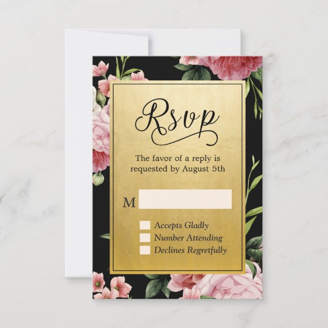 Classy Black Gold Vintage Floral RSVP Reply (Front)