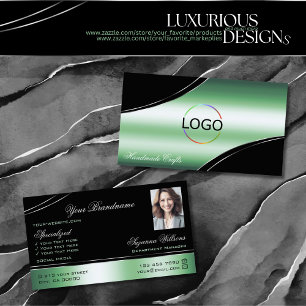 Classy Black Green Curved Decor Lines Logo Photo Business Card