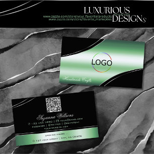 Classy Black Green Curved Decor Lines Logo QR Code Business Card