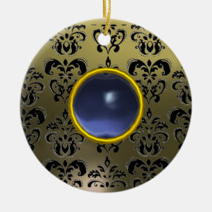 CLASSY BLACK GREY BLUE DAMASK GEM CERAMIC TREE DECORATION