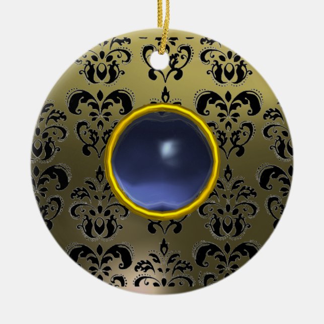 CLASSY BLACK GREY BLUE DAMASK GEM CERAMIC TREE DECORATION (Front)