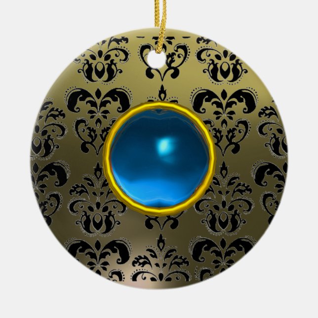 CLASSY BLACK GREY BLUE DAMASK GEM CERAMIC TREE DECORATION (Front)
