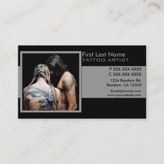 Classy black grey photo tattoo business cards (Front)