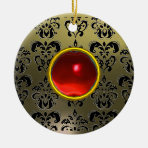 CLASSY BLACK GREY RED DAMASK AND RUBY GEM STONE CERAMIC TREE DECORATION