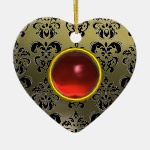 CLASSY BLACK GREY RED DAMASK  AND RUBY GEM STONE CERAMIC TREE DECORATION