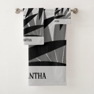 Classy Black Grey White geometric Leaves Pattern Bath Towel Set