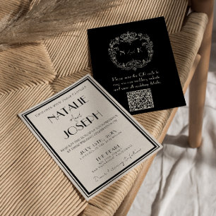 Classy Black Ivory Old Money Retro QR Code Wedding Invitation