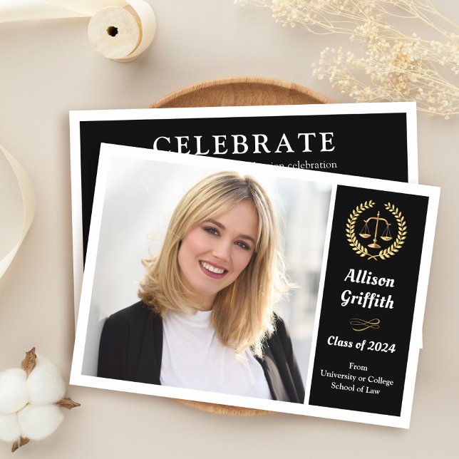 Classy Black Law School Photo Graduation Party Invitation (Creator Uploaded)