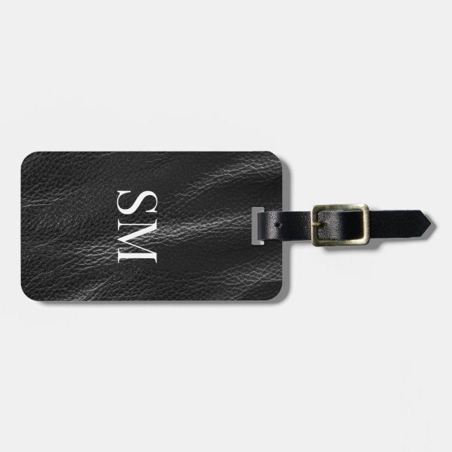 Classy Black Leather Monogram Initials Luggage Tag (Front Horizontal)