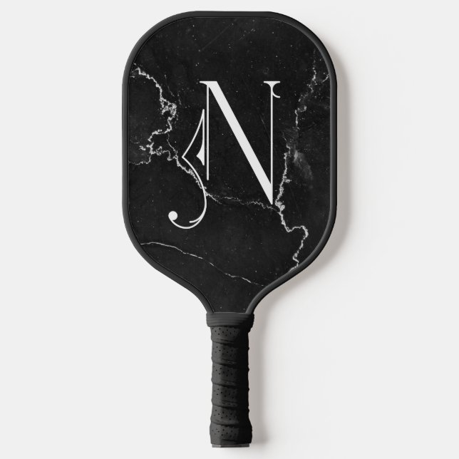 Classy Black Marble Decorative N Personalised  Pickleball Paddle (Front)