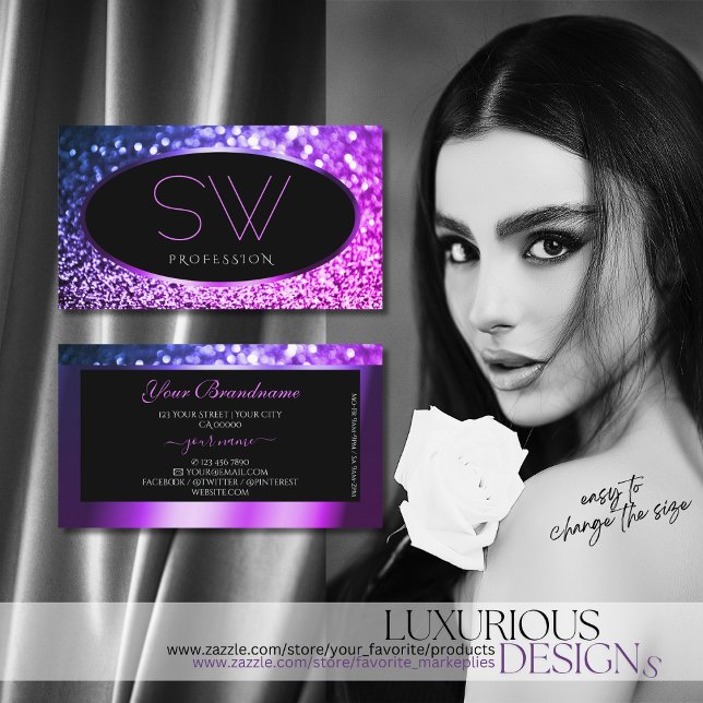 Classy Black Pink Purple Sparkle Glitter Monogram Business Card (Creator Uploaded)