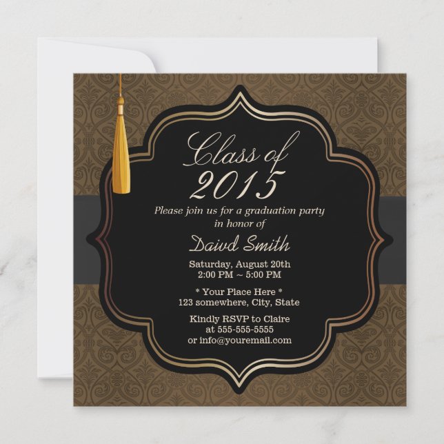 Classy Black Ribbon Brown Damask Graduation Party Invitation (Front)