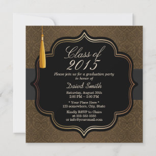 Classy Black Ribbon Brown Damask Graduation Party Invitation