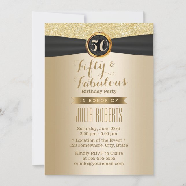 Classy Black Ribbon Chic Gold Fabulous 50 Invitation (Front)