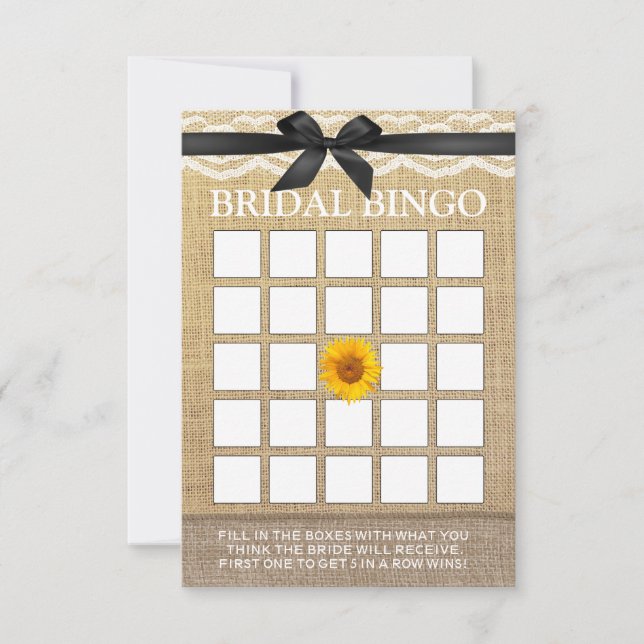 Classy Black Ribbon Sunflower Burlap Bridal Bingo (Front)