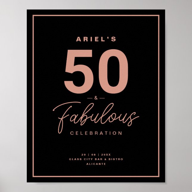 Classy Black Rose Gold 50&Fabulous Birthday Party Poster (Front)