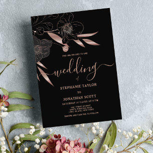 Classy black rose gold floral elegant wedding  invitation