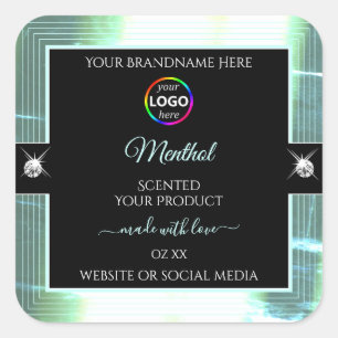 Classy Black Shiny Ice Blue Logo Product Label