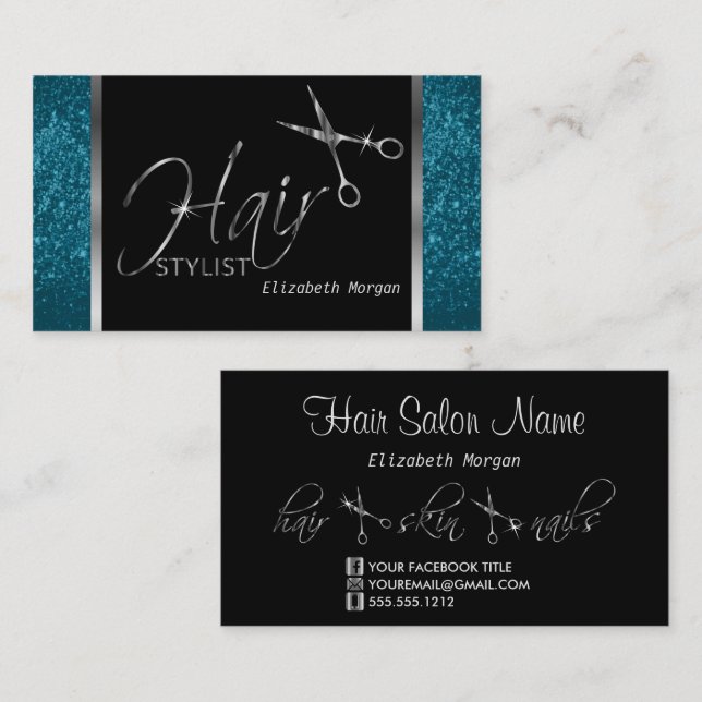 Classy Black, Silver and Blue Hair Stylist Business Card (Front/Back)