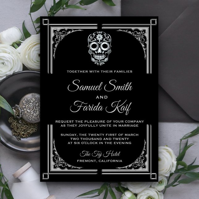 Classy Black Silver Sugar Skull Wedding Invitation (Creator Uploaded)