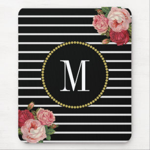 Classy Black Striped Antique Boho Floral Monogram Mouse Mat