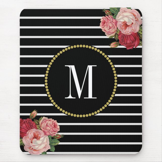 Classy Black Striped Antique Boho Floral Monogram Mouse Mat (Front)