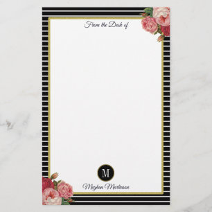 Classy Black Striped Vintage Flower Roses Monogram Stationery