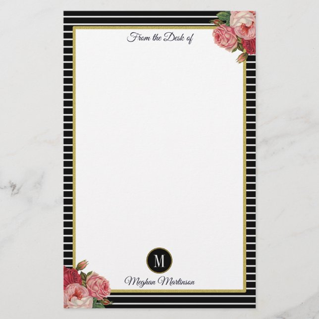 Classy Black Striped Vintage Flower Roses Monogram Stationery (Front)