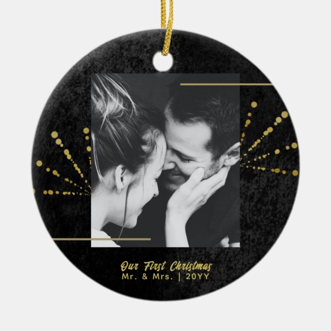 Classy Black Velvet Gold Fireworks First Christmas Ceramic Tree Decoration (Front)