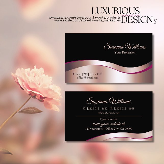 Classy Black Wavy Rose Gold Decor Luxurious Business Card (Creator Uploaded)