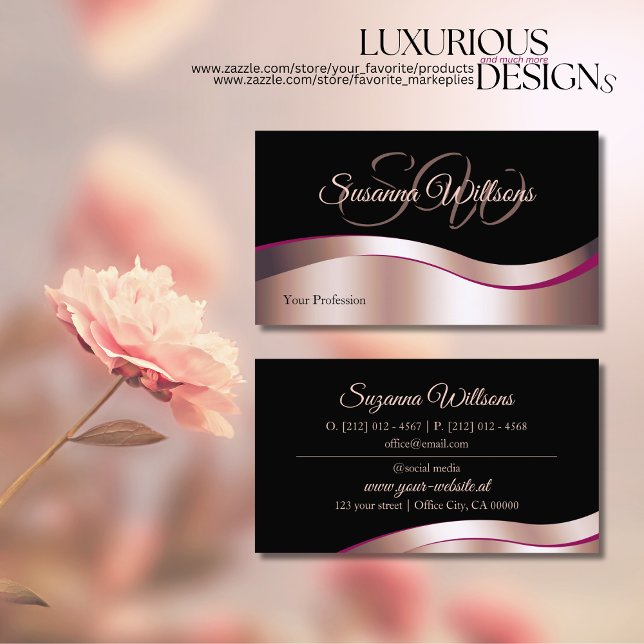 Classy Black Wavy Rose Gold Decor with Initials Business Card (Creator Uploaded)