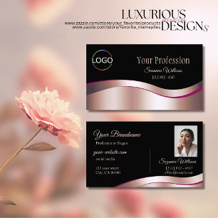 Classy Black Wavy Rose Gold Decor with Logo Photo Business Card