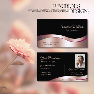 Classy Black Wavy Rose Gold Decor with Photo Noble Business Card