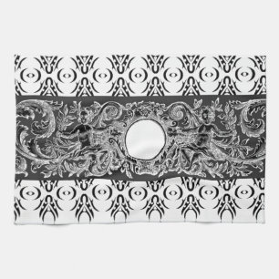 Classy black white Baroque pattern to customise Tea Towel