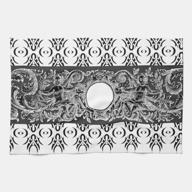 Classy black white Baroque pattern to customise Tea Towel (Horizontal)