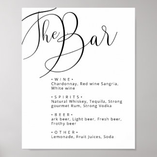 Classy Black white Calligraphy wedding bar menu Poster