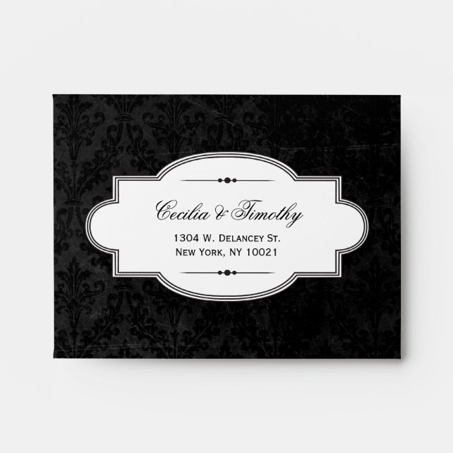 Classy Black & White Damask Wedding RSVP Linen A2 Envelopes (Front)