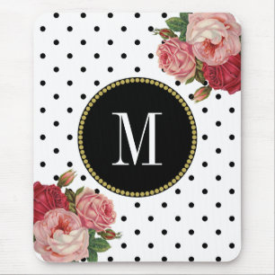 Classy Black White Dots Antique Floral Monogram Mouse Mat