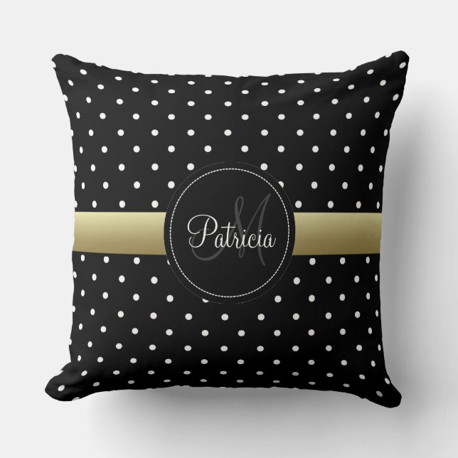Classy Black & White Dotted, Gold Ribbon Monogram Cushion (Front)