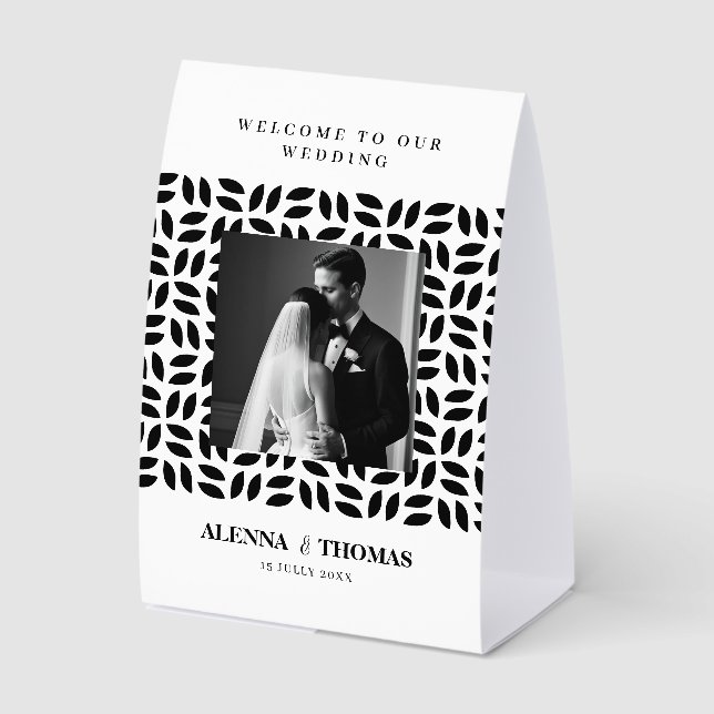 Classy black white geometric floral WEDDING SIGN (Front)