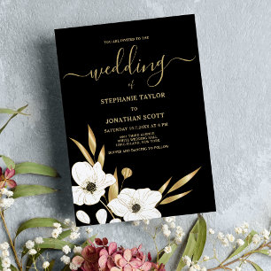 Classy black white gold floral elegant wedding invitation
