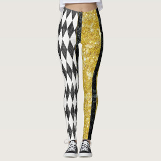 Classy Black White Gold Harlequin Diamond Argyle Leggings