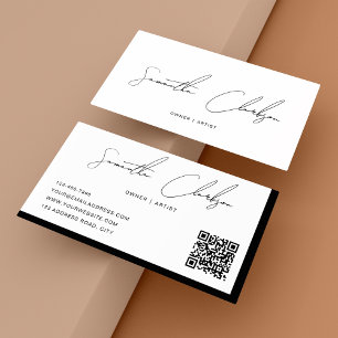 Classy Black & White Handwritten Script QR code Business Card