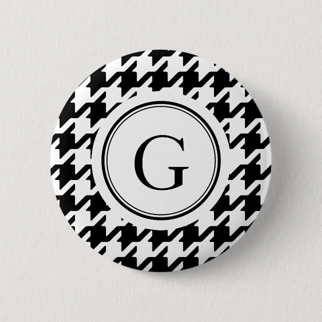 Classy black white houndstooth pattern monogram 6 cm round badge (Front)